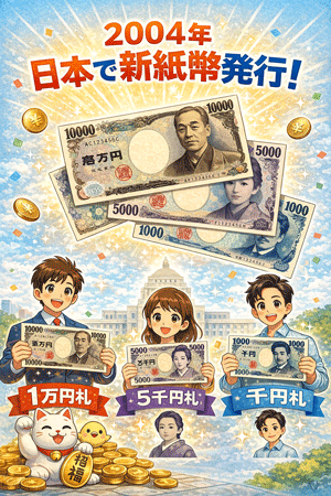 日本で新紙幣発行（1万円札が福澤諭吉、5千円札が樋口一葉、千円札が野口英世）